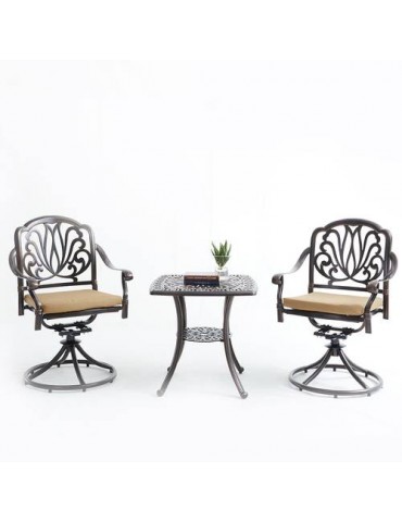 Upland Outdoor Furniture 3-Piece Cast Aluminum Bistro Set with Swivel Arm Chair & Cushions-Bronze