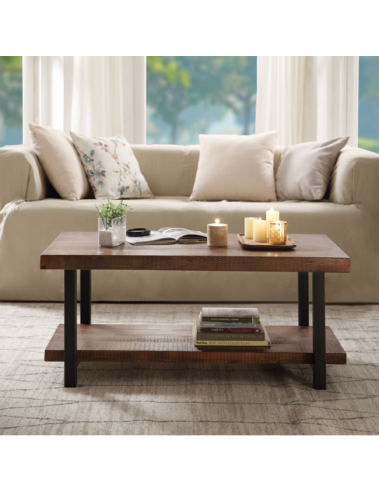 Idustrial Coffee Table Solid Wood + MDF and Iron Frame with Open Shelf Natural