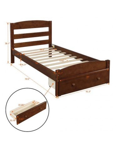 Walnut Platform Twin Bed Frame With Storage Drawer And Wood Slat Support