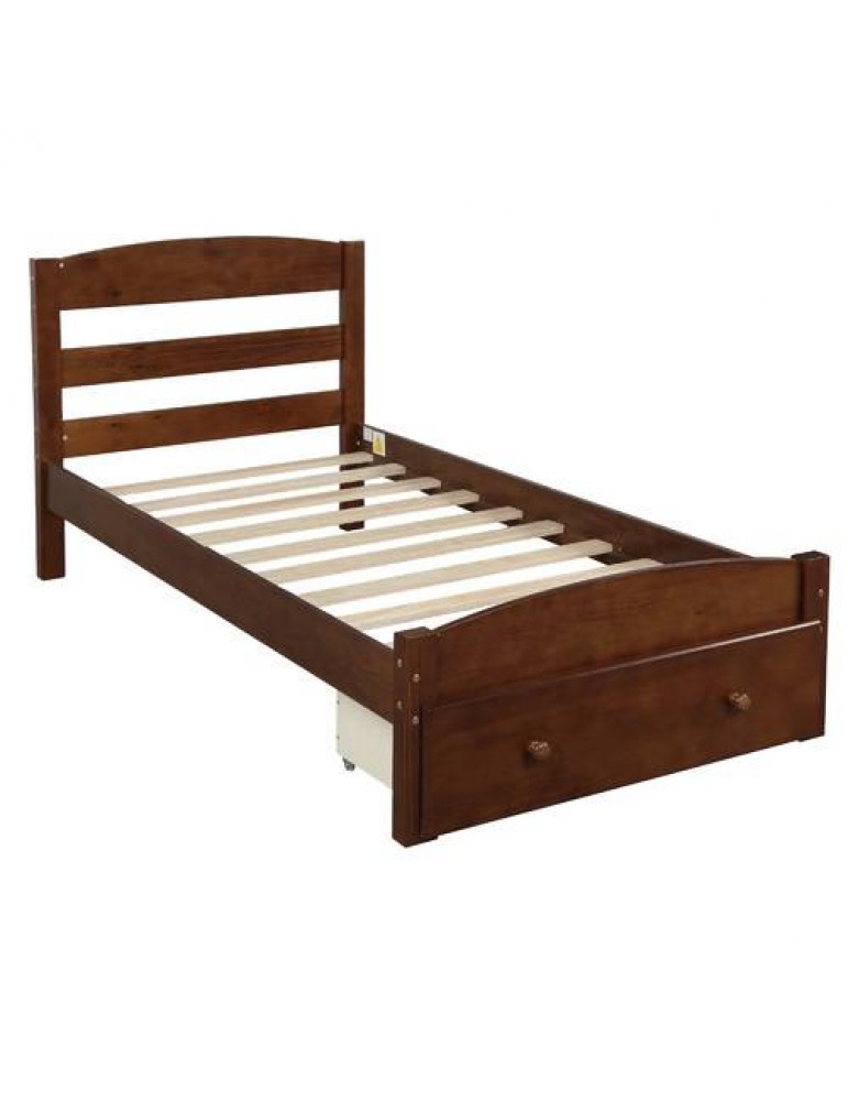 Walnut Platform Twin Bed Frame With Storage Drawer And Wood Slat Support